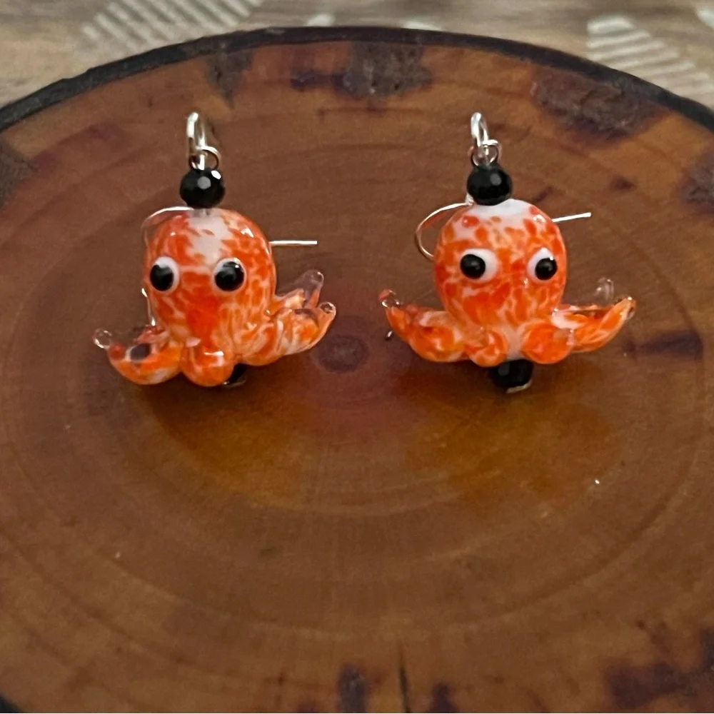 New Adorable Orange & White Lamp Work Glass Octopus Earrings